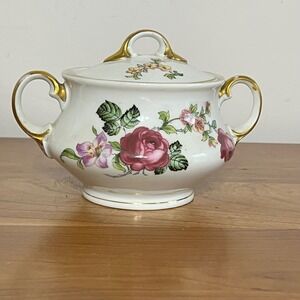 Vintage Epiag Royal Czechoslovakia Floral Porcelain Sugar Bowl Gold‎ Gilt Trim